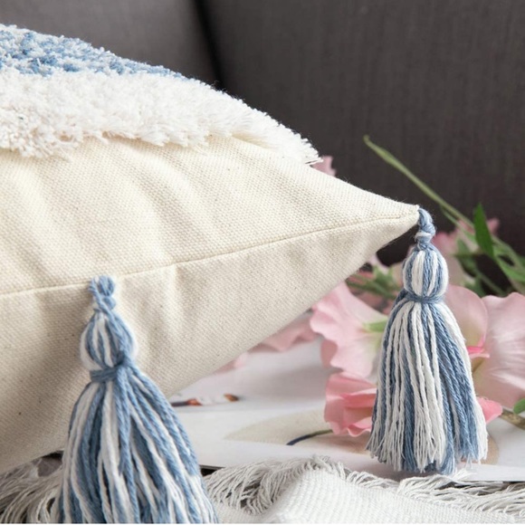 Luxury Home | Boho Chic Blue & White Tufted Woven Tassel Lumbar Pillow Cover - Picture 3 of 7
